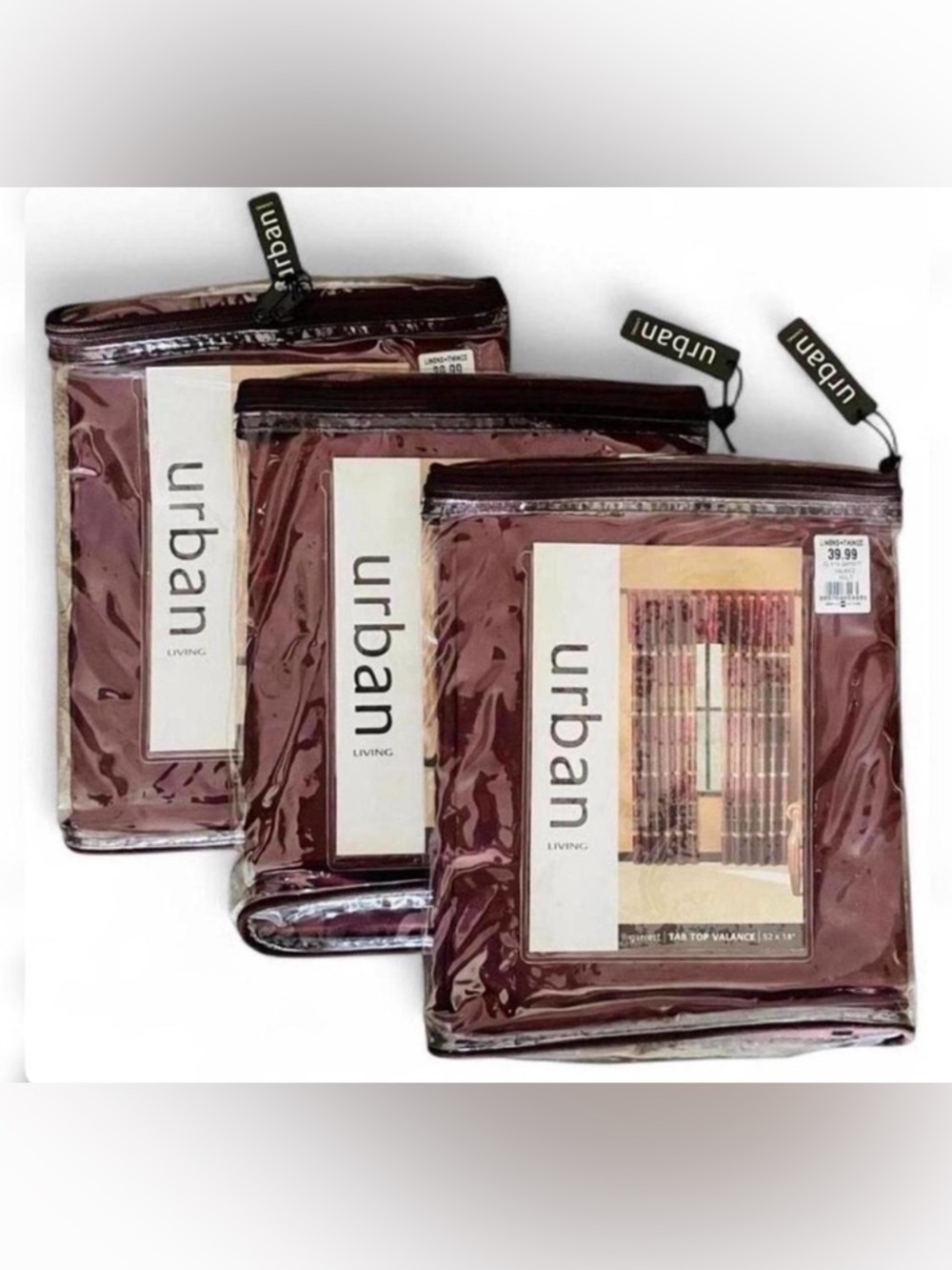 Set of 3 Urban Living Garrett Tab Top Valances in Burgundy Brand New With Tags